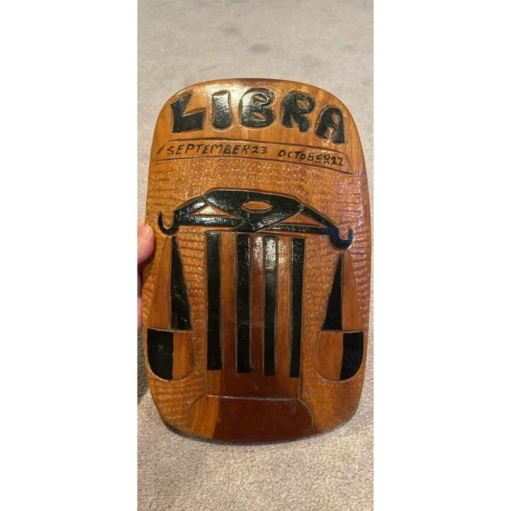 Vintage Libra Zodiac Wood Carved Wall Plaque Astrology Scales Folk Art Sign